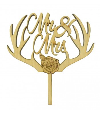 Laser Cut Oak Veneer 'Mr & Mrs' Cake Topper with Antlers & a Rose